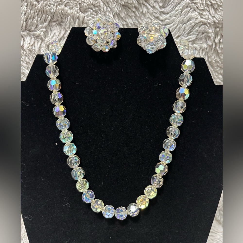 Aurora Borealis Faceted Beaded Necklace & Cluster Clip Earrings Set Vtg 1950s